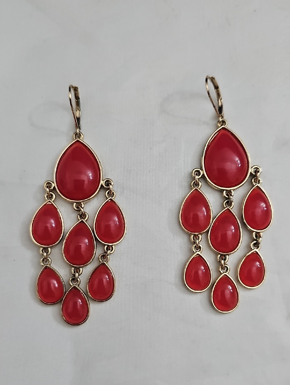 Gold-Trim Red Teardrop Chandelier Earrings - Women Jewelry